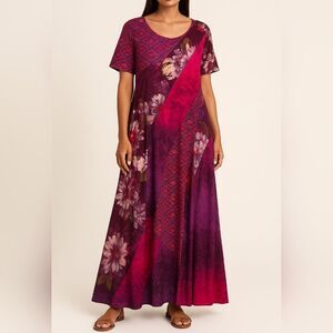 Soft Surroundings Boho Patchwork Floral Long Maxi Soft Dress Purple Cottagecor M